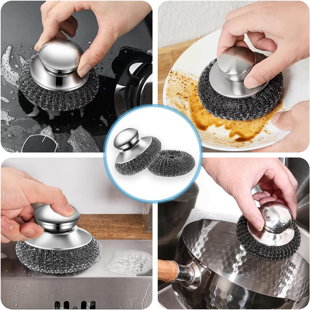 6-1Pcs Kitchen Stainless Steel Washing Brush Metal Sponge Scrubber With Handle For Dishes Pots Pans Grills Sink Cleaning Tools