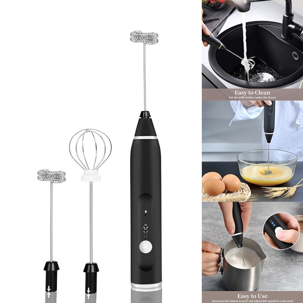 Batidor de doble resorte recargable por USB, Espumador de leche eléctrico, utensilio manual de acero inoxidable para hacer espuma de leche, mezclador de bebidas, dos velocidades