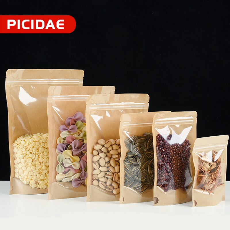 Kraft Paper Bag Translucent Self-supporting Self-sealing Bags Sugar Coffee Beans Nuts Tea Snacks Food Sealed Packaging