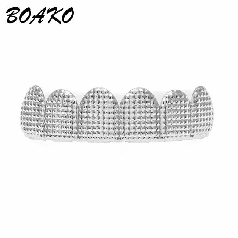 BOAKO Gold Bump enrejado dientes Grillz Hip Hop parrillas de parte superior e inferior de los hombres Dental boca Punk diente tapas rapero Cosplay joyería del cuerpo: Silver Top