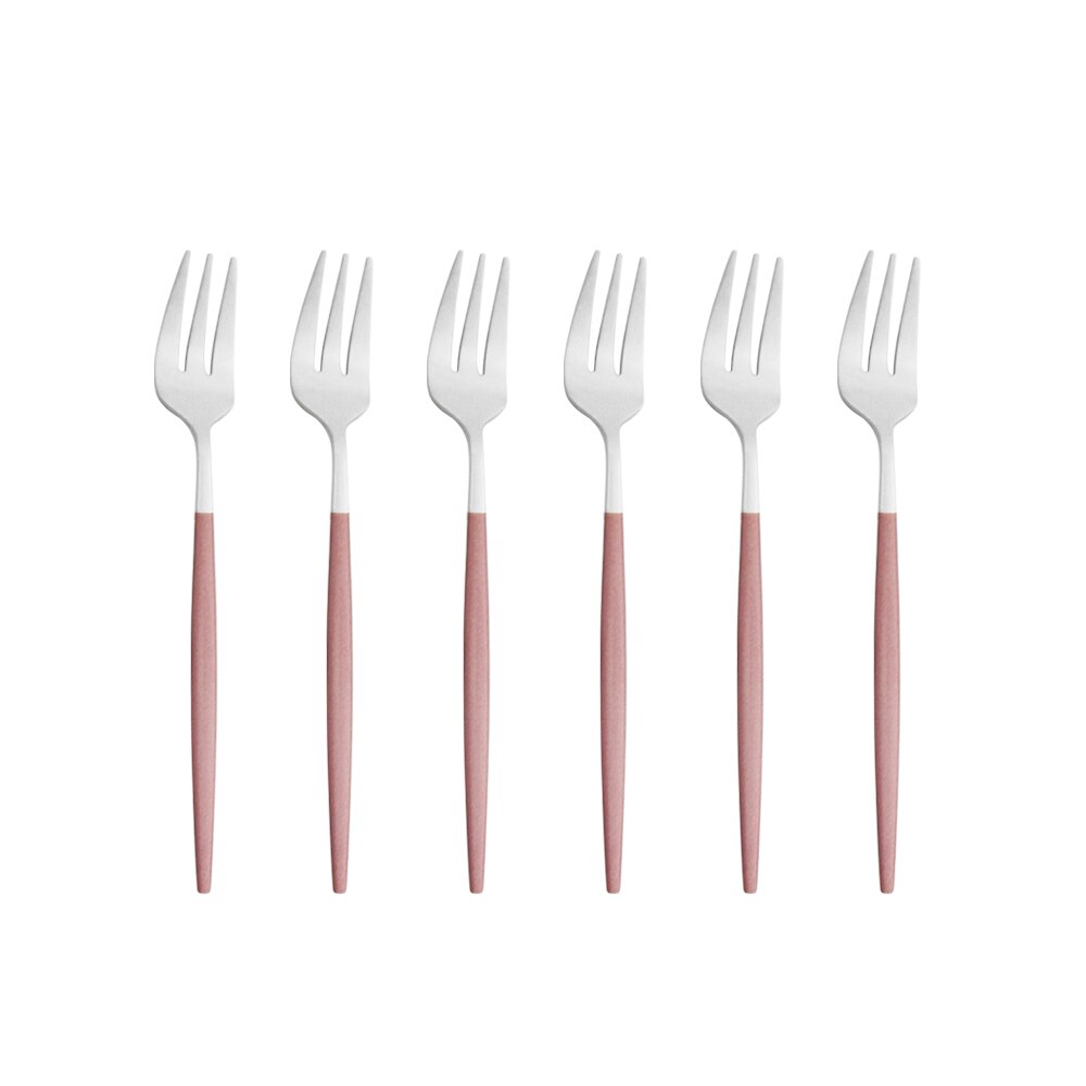 Ensemble de fourchettes à fruits en acier inoxydable, petite fourchette à Dessert en or blanc, ensemble de fourchettes à thé pour gâteau, fourchette à salade, service de couverts 6 pièces: Pink Silver
