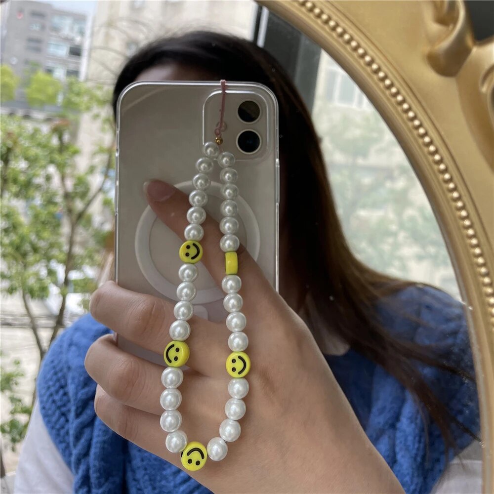 Łańcuszek do telefonu komórkowego perła wiszący przewód komórka smycz na telefon miękka ceramika lina uśmiechnięte koraliki łańcuszek paski na telefon