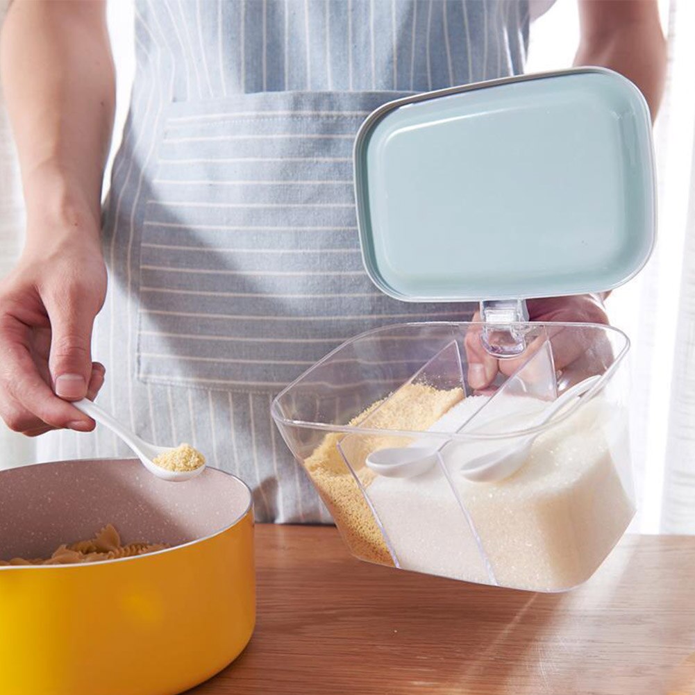 Transparent Organizer 3 Compartment Cooking Condiment Seasoning Box Storage Spice Jar Herb With Spoon Lid Durable Container: Blue