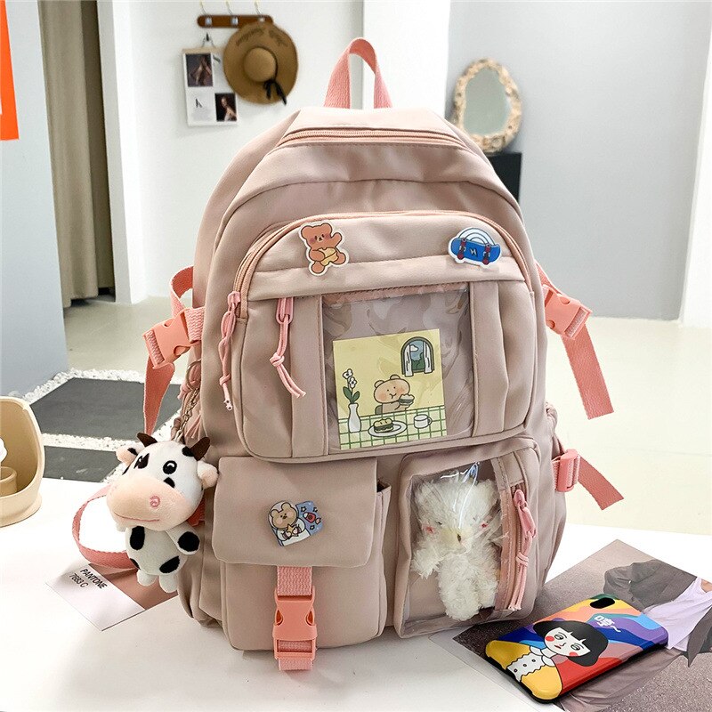 2022 Women Multi-Pocket Backpack Ins Junior Large-capacity Nylon High School Student School Bag for Girl Backpack Laptop Book: Pink and ornaments