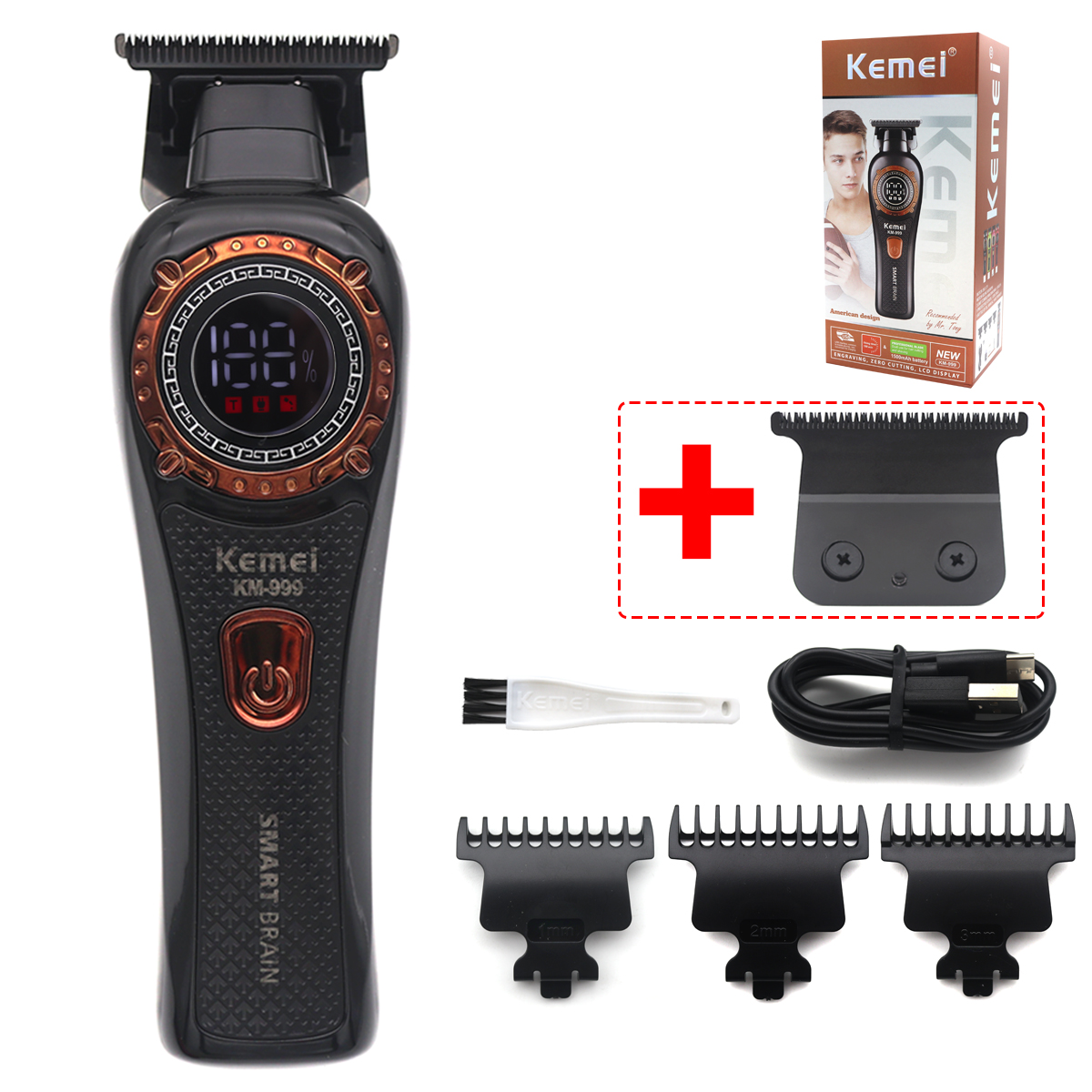 Kemei KM-999 Hair Trimmer for Men DLC T-Blade Zero Gapped LED Display Cordless USB Hair Clipper Finishing Machine: Brown