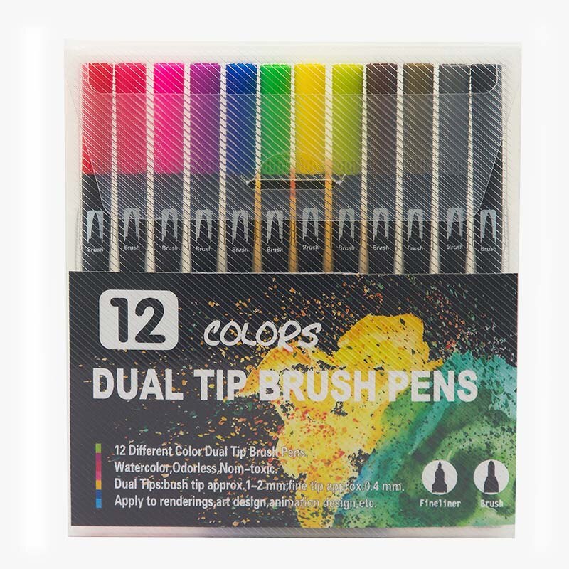 Dual Tips 48/60/72/100 Art Marker Inkt Op Waterbasis Zachte Fijne Borstel Pen Met PP pakket: 12 Colors