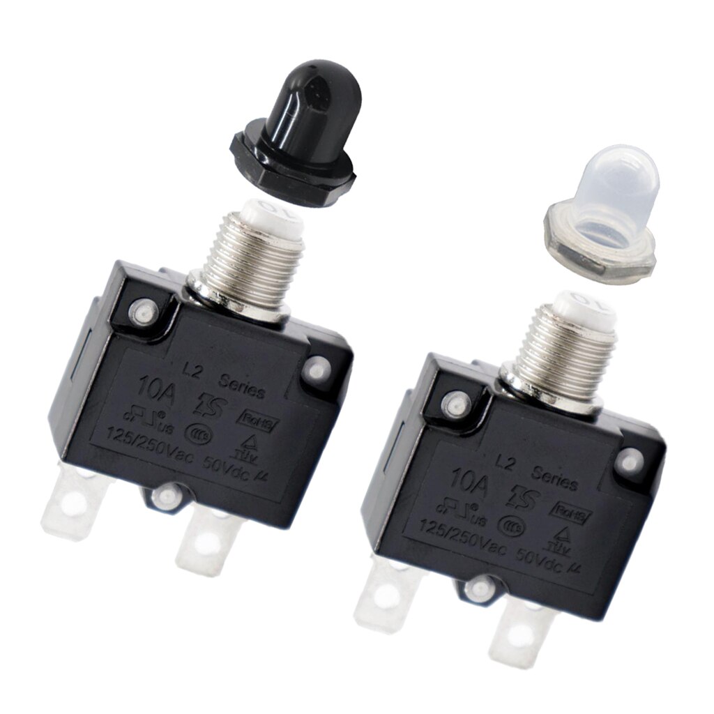 Pack of 2 10 Amp Circuit Breaker Push-Button Reset with Quick Connect Terminals and Waterproof Button Covers (Black &amp; White)