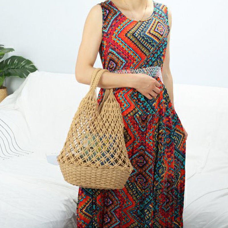 Frauen gewebte Gittergewebe Einkaufstasche Baumwolle Seil + stroh Weben Reticulate Hohl Stroh Tasche Netz Schulter Tasche Strand Taschen
