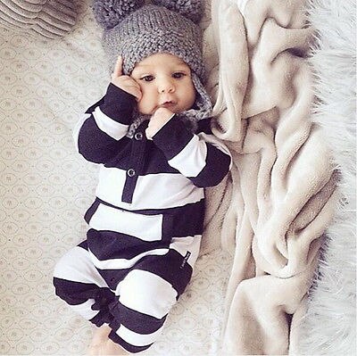 Mooie Zuigelingen Baby Meisjes Jongens Kleding Lange Mouw Rompertjes Wit Zwart Gestreepte Bebes Kleding Outfits 0-3Y