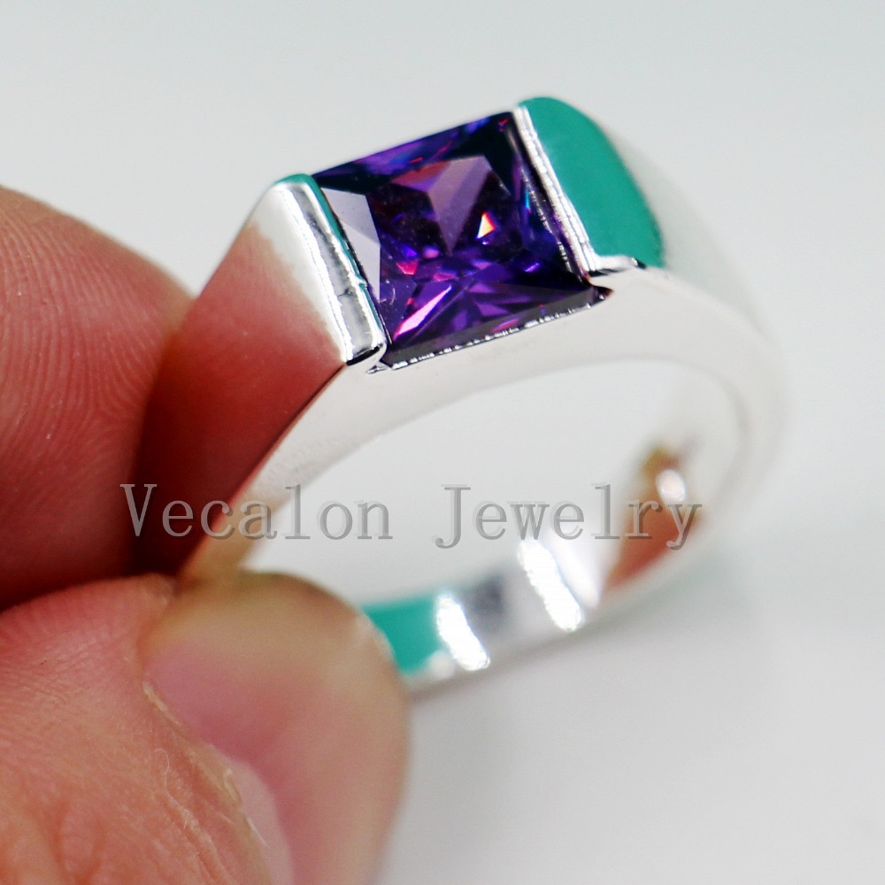 Vecalon Male Jewelry Princess Cut 4ct purple Cz 925 Sterling Silver Engagement wedding Band ring for Men Sz 8-12