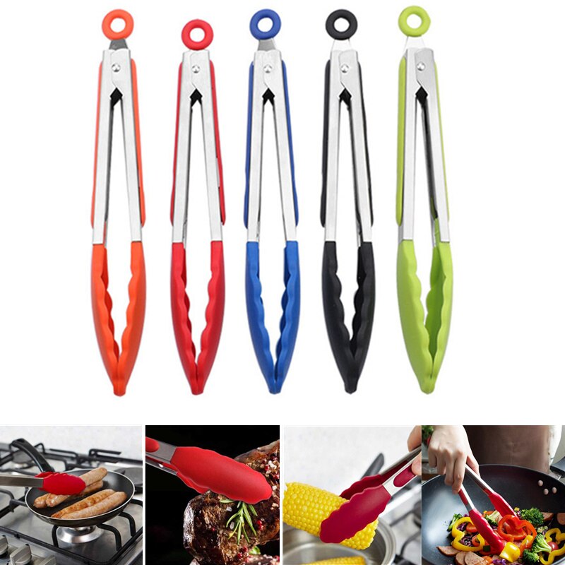 Keuken Tang Food Grade Dikke Siliconen Hoofd Roestvrij Staal Koken Tong Clamp Handvat Keukengereedschap Bbq Tool 9 Inch/8 Inch