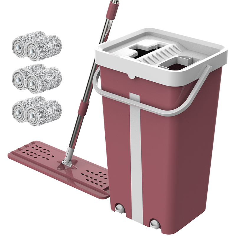 Magic Cleaning Mops Free Hand Mop with Bucket Floors Squeeze Flat Mop with Water Home Kitchen Floor Cleaner: Red 6 mops
