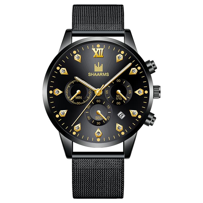 SHAARMS Men's Wristwatch Blue DialCasual Quartz Watch Stainless Steel Mesh Band Watch Date Clock Reloj Hombre