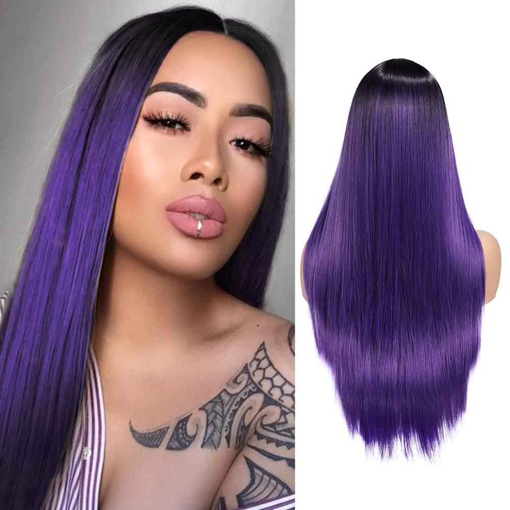 FAVE Long Straight Pure Light Brown Blonde Long Synthetic Wigs for White /Black Women 22 Inch Middle Part Can be Cosplay Wigs: 1b Dark Purple
