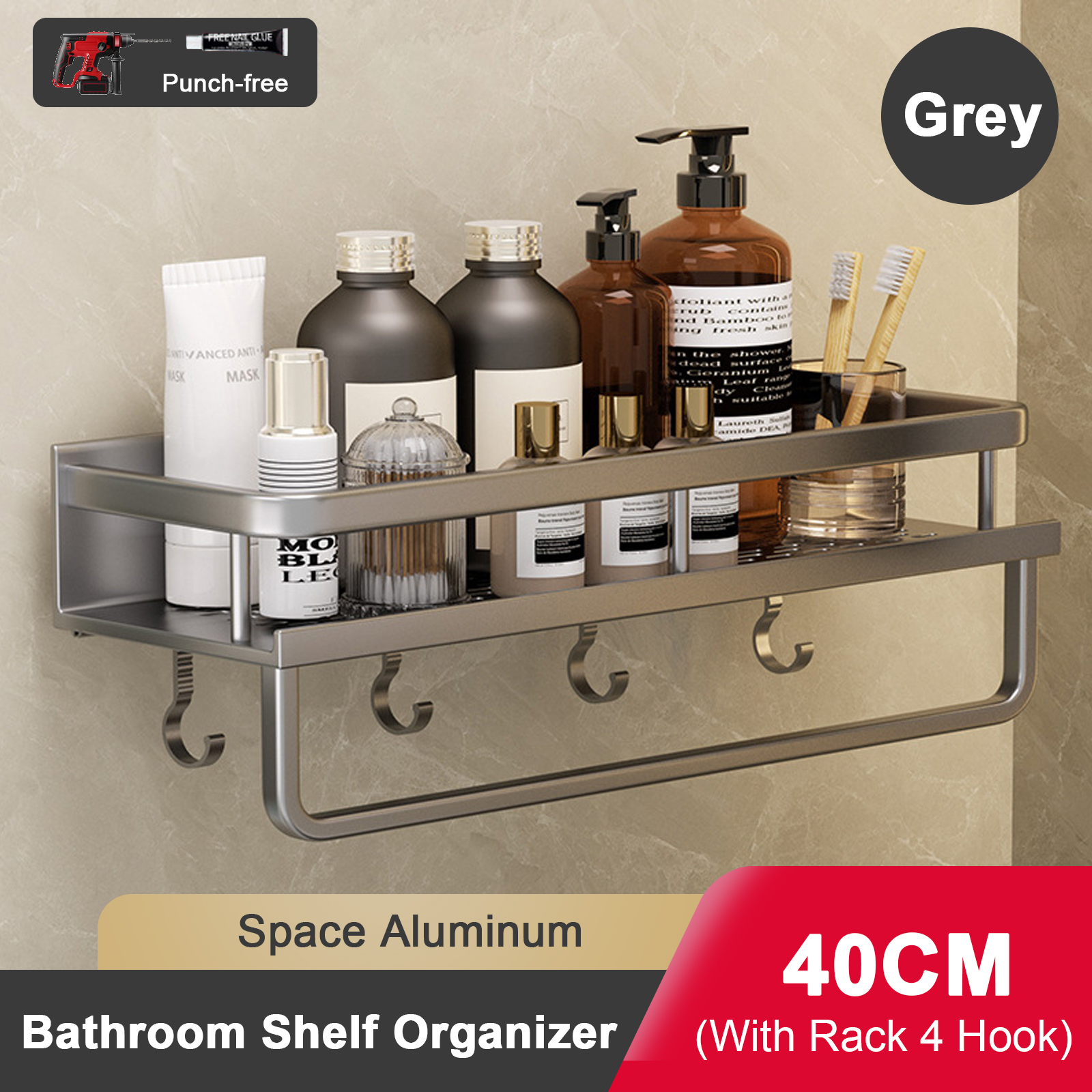 Support de salle de bain sans poinçon, étagère de salle de bain, espace de toilette en aluminium, sans perceuse, support suspendu, organisateur de salle de bain, accrocher au mur: plum