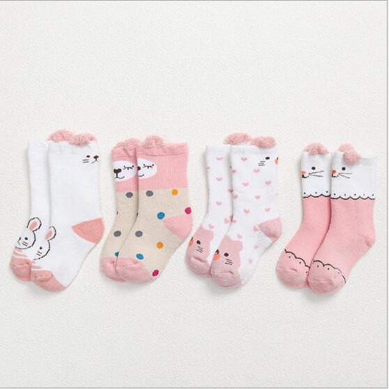 4Pairs Pack thickening terry baby socks cartoon children's socks warm kids cartoon boys girls socks for 0-3Y: 3 / 0 to 1 year