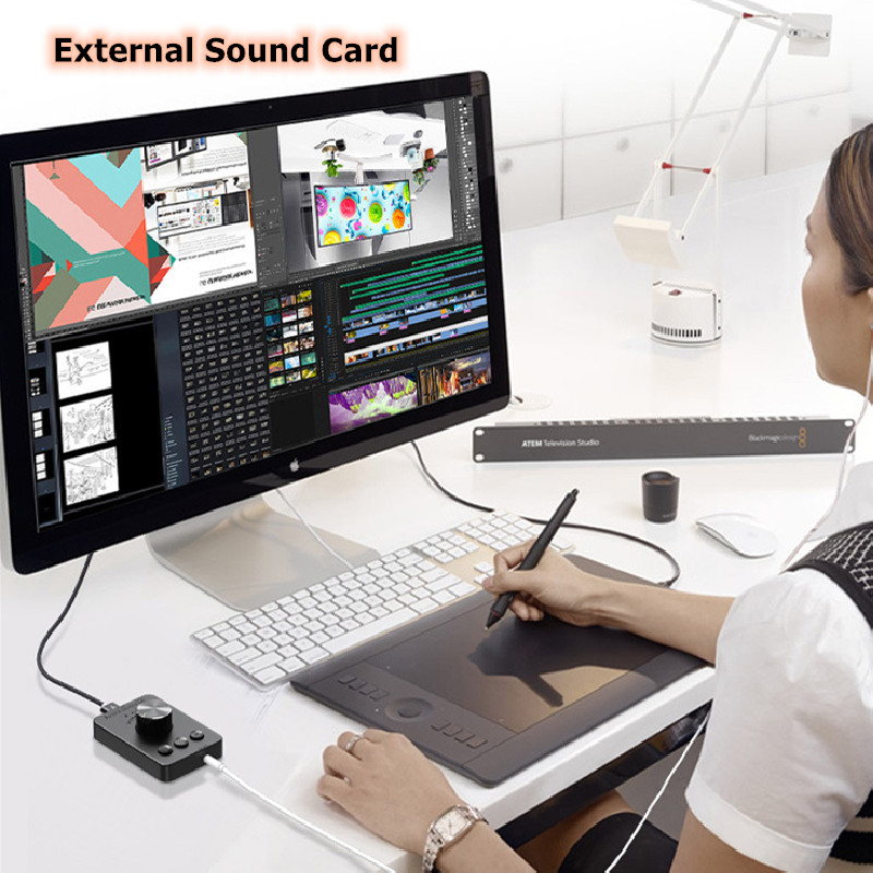 3- modes usb adapter external sound card bluetooth multimedia pc speakers with computer audio volume control knob controller