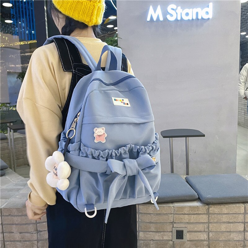 Korean Style Women Sweet Backpack Large Capacity Open Pockets Kawaii Female Bow School Bags for teenager Girls Travel Backpacks: Blue / Only-Bag