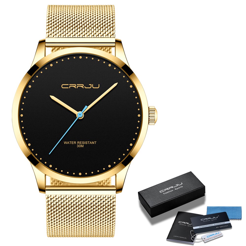 Relogio Masculino CRRJU zegarek dla mężczyzn czarna duża tarcza Casual zegarki kwarcowe unikalne proste zegarki sportowe Mesh wodoodporny zegarek: golden black  BOX