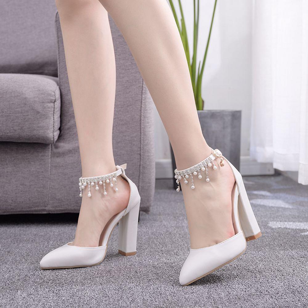 Zapatos de tacón con hebilla de cristal Queen para mujer, sandalias de plataforma sexys con perlas y diamantes de imitación, color blanco
