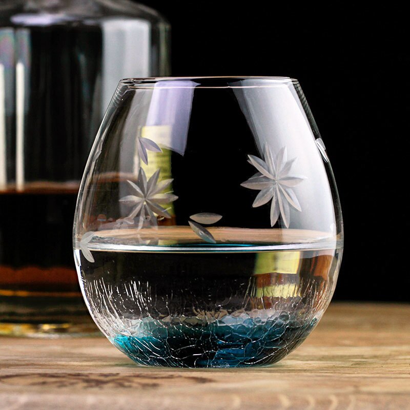 Japanese Style Edo Crystal Ice Cracks Water Cup Manual Engraving Sakura Blackish Green Artwork Big Belly Egg Wine Glass Tumbler