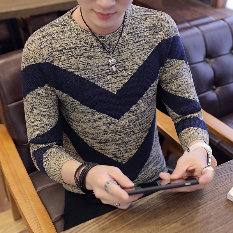 Winter winter au sweater herre stribe pink rød sweatre slim fit pullover herre strik herre strik tøj med o-hals