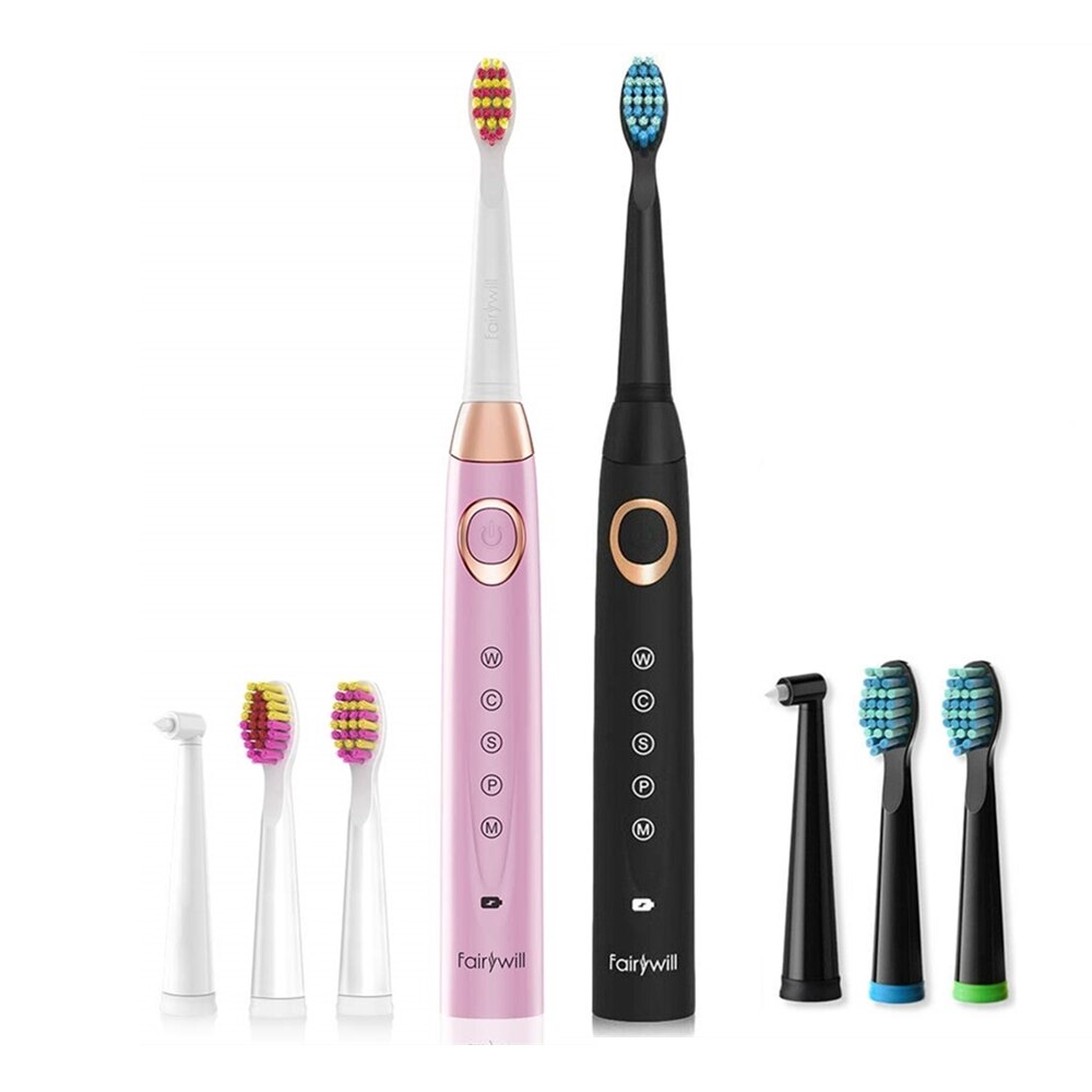 Fairywill Electric Sonic Toothbrush 5 Modes Replacement Heads Waterproof Rechargeable Powerful Cleaning Soft Heads Toothbrush: 508Pink-508Black