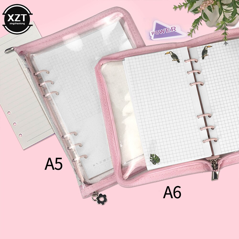 A5 A6 Loose-Leaf Notebook Cover Glitter Zipper PVC Notebook Korean Stationery Diary 6 Hole Binder Clip Notebook Office Planner