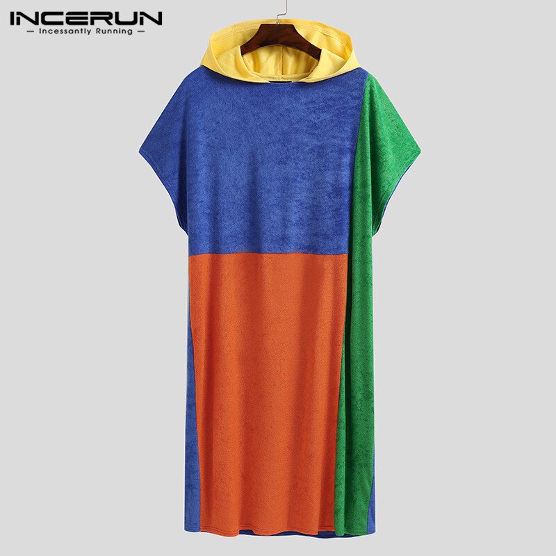 Men Patchwork Bathrobes Casual Hooded Short Sleeve Nightgown INCERUN Man Loose Colorful Stitching Comfortable Sleep Robes S-5XL