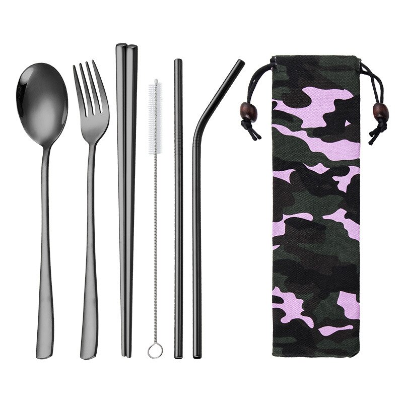 Portable Travel Stainless Steel Utensils Cutlery Set with Spoon,Fork,Chopsticks,Straw 6pcs: black 6pcs