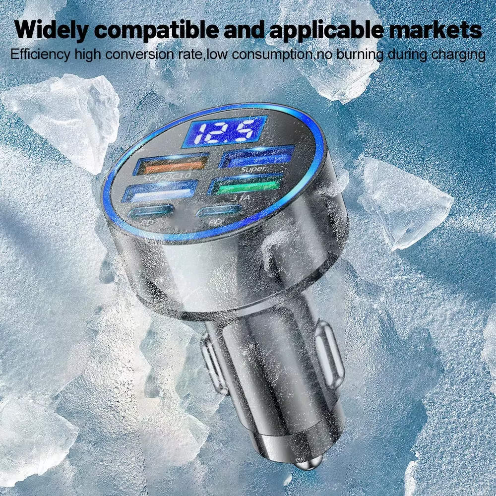 Autotelefoonoplader met QC3.0 snel opladen 6-poorten met LED-spanningsmonitor, multi-USB automotive-adapter, dubbele PD-autolader
