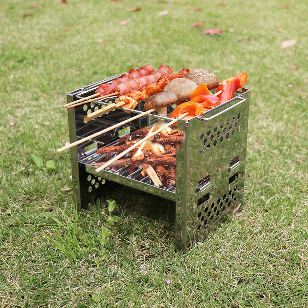 Stainless Steel Wood Burning Camping Grills Picnic BBQ Cooker Portable Folding Backpacking Stove Barbecue Grill for Outdoor