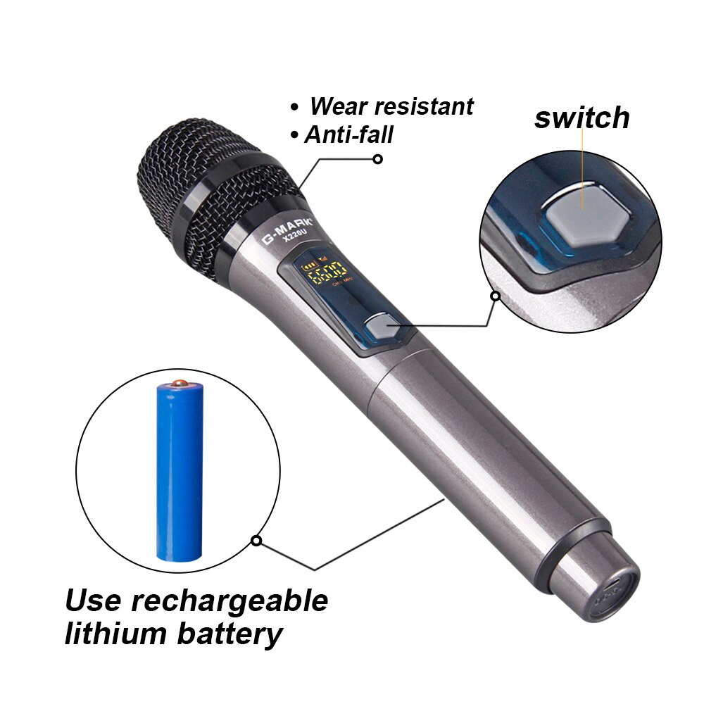 Micrófono inalámbrico G-MARK X220U UHF, grabación de Karaoke, portátil, con receptor de batería de litio recargable
