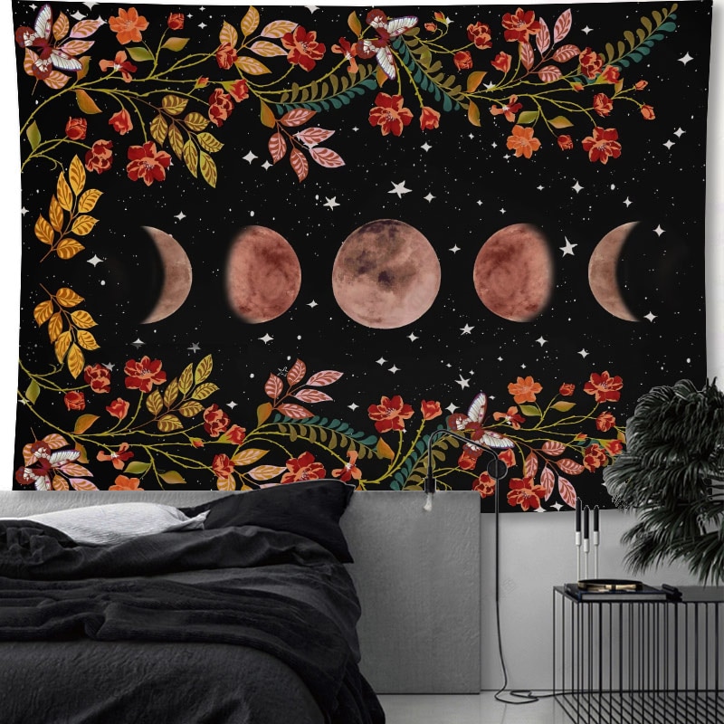 Large Size Moonlight Garden Tapestry Moon Phase Surrounded By Plants and Flowers Wall Hanging Blanket Room Decor Yoga Mat
