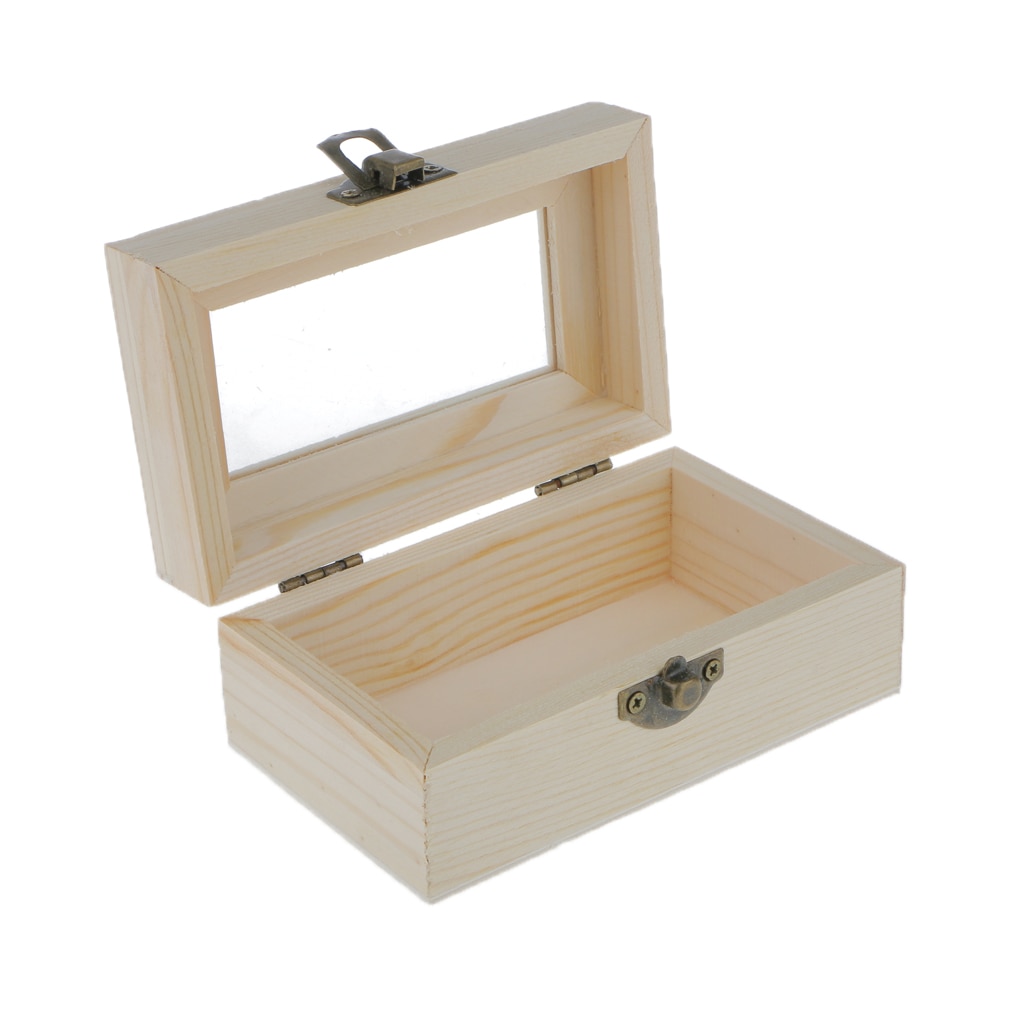 Plain Unfinished Wooden Tool Jewelry Case Storage Box with Transparent Glass Door Glass Lid Chest Case Keepsake