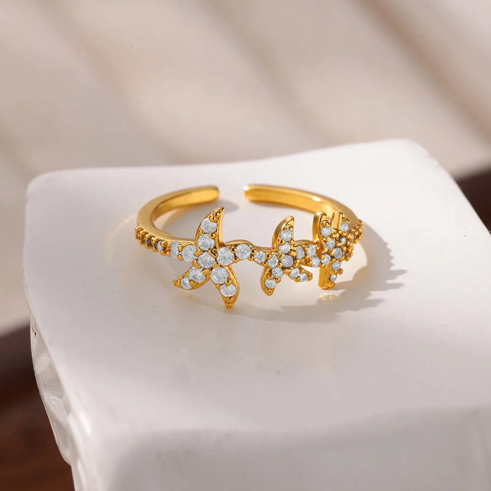 Delicado anillo de circón con concha de estrella de mar, tortuga, mal de ojo, anillo de acero inoxidable para mujer, abalorio dorado antidecoloración, accesorios de joyería,: royal blue