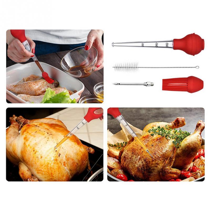 Barbecue Tool Pipette Dropper Sauce Oil Tube Cooking Gadgets Chicken Poultry BBQ Silicone Head With Cleaning Brush