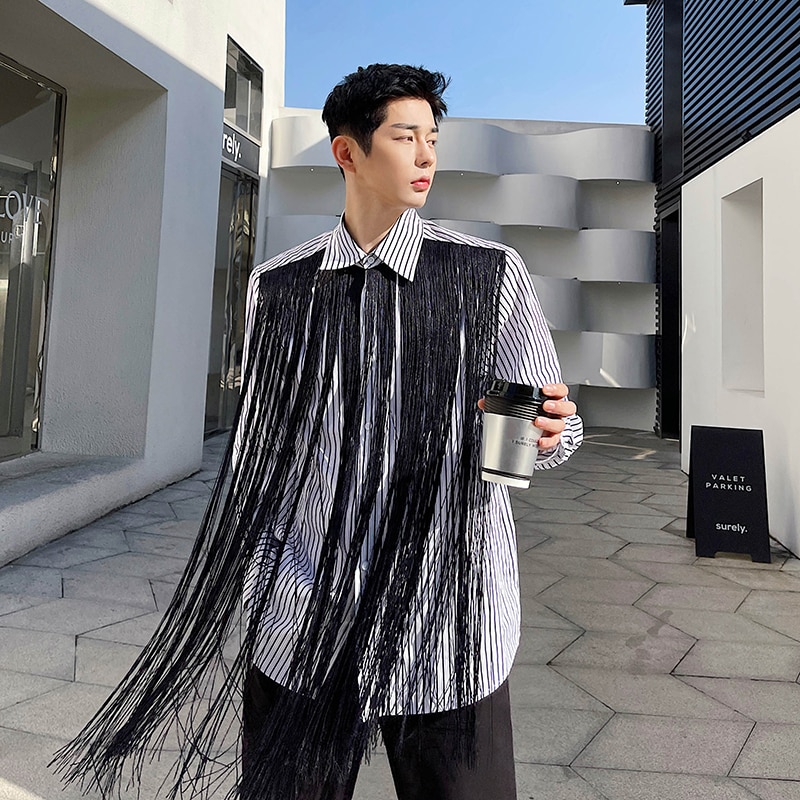 Men's Tassel Long Sleeve Loose Casual Striped Shirts Tops Man Streetwear Vintage Shirt Stage Clothing for male