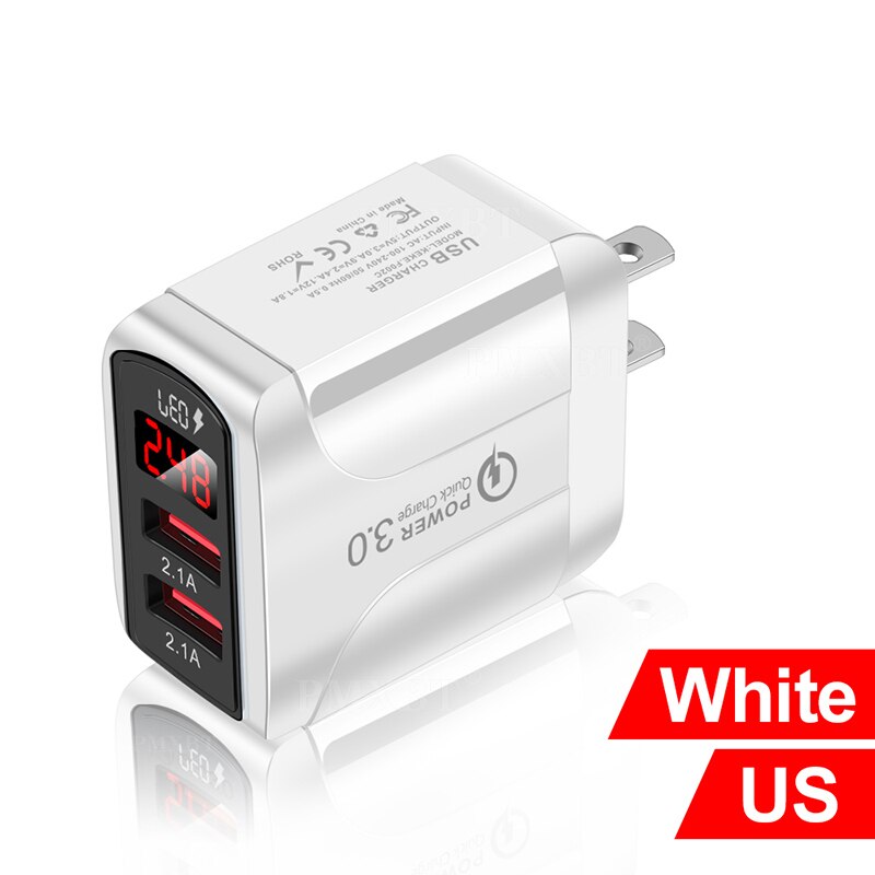 Usb lader med ledet vise dobbel usb havn 2.4a hurtiglading til iphone 8 lader adapter mobiltelefon ladere til samsung  s10: Oss hvite