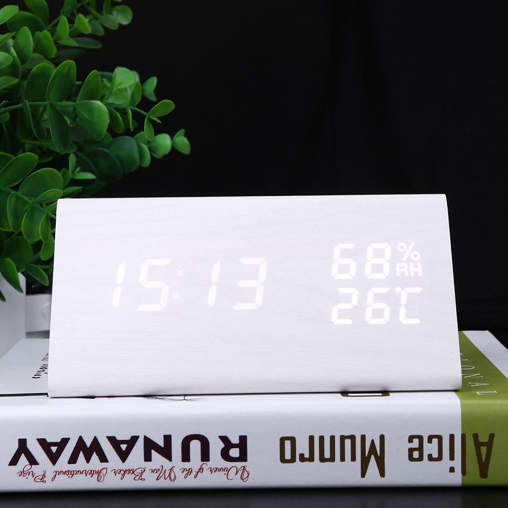 USB Wood LED Alarm Clocks Electronic Table Clock Sound Control Digital Clock Thermometer Timer Calendar Display for Home Decor