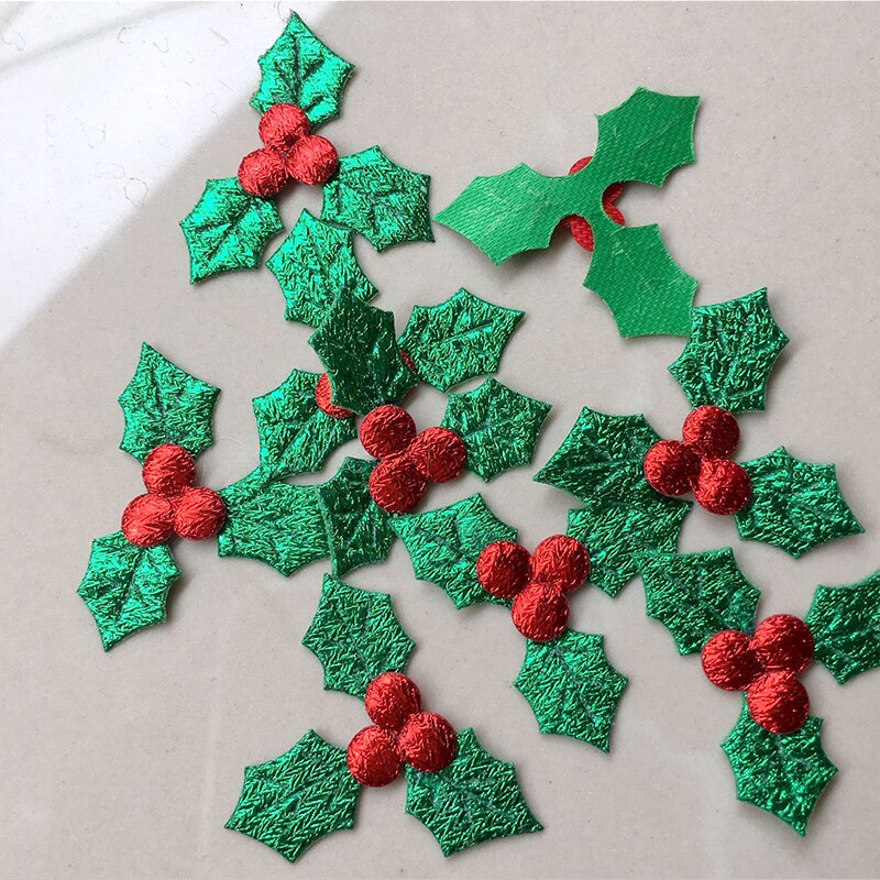 100Pcs Glitter Groen Holly Blad En Rode Berry Doek Applique Voor Kerst Decoratie Tafel Decoratie Stick-On Accessoires