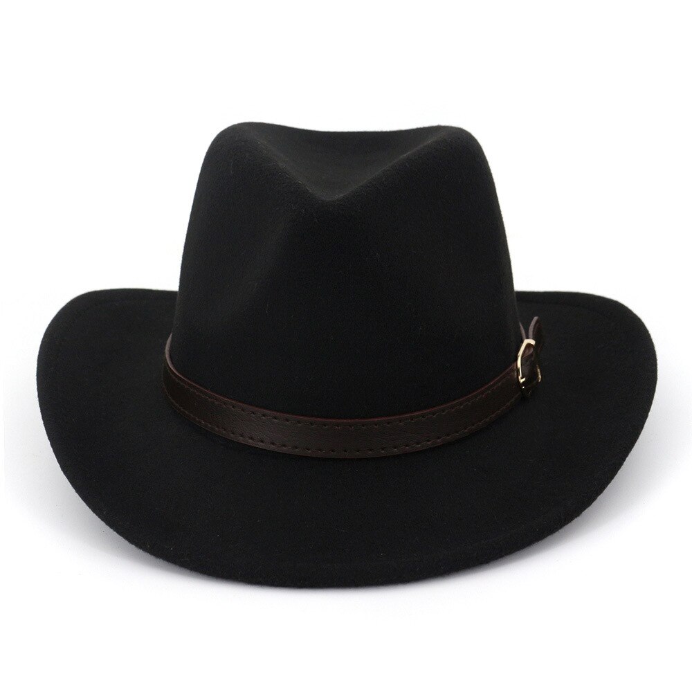 Sombrero de fieltro vaquero de ala ancha para hombre y mujer, sombrero de fieltro de vaquero con hebilla de cuero, estilo panamá Trilby Jazz, europeo y estadounidense: Negro