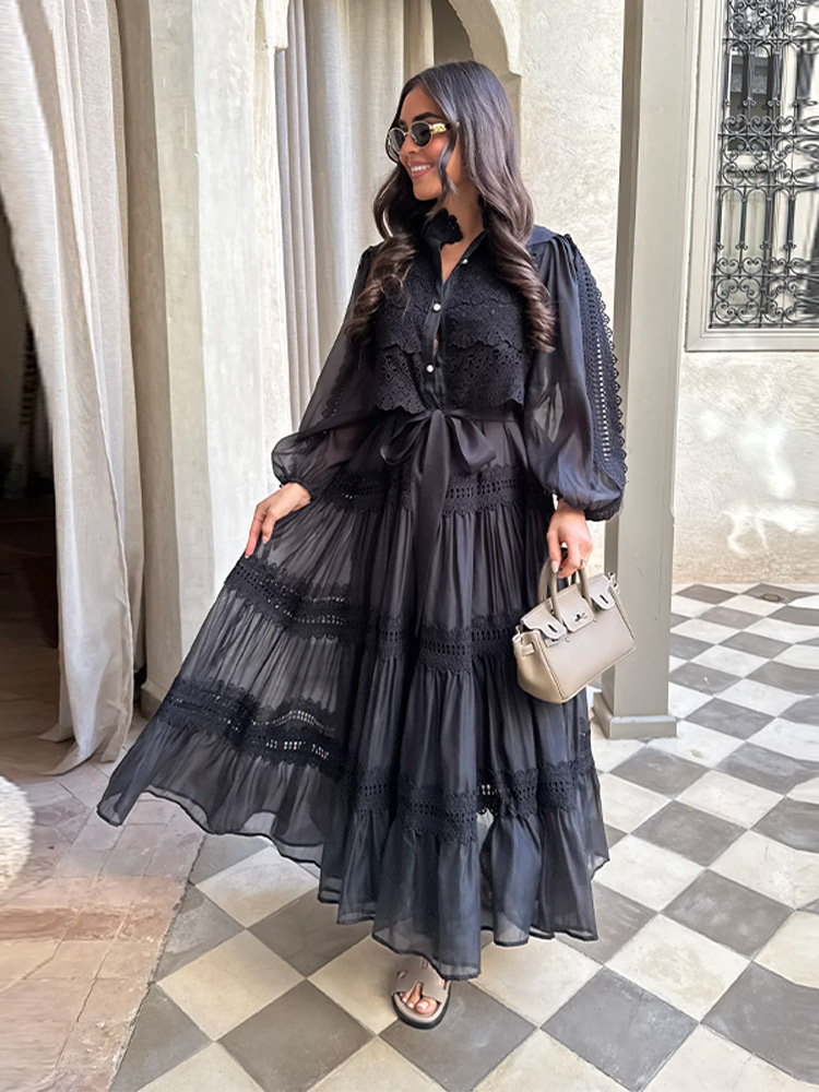 Vestido Floral calado de manga larga para mujer, vestido largo plisado con solapa y mangas acampanadas, con cordones y una hilera de botones: L / Negro