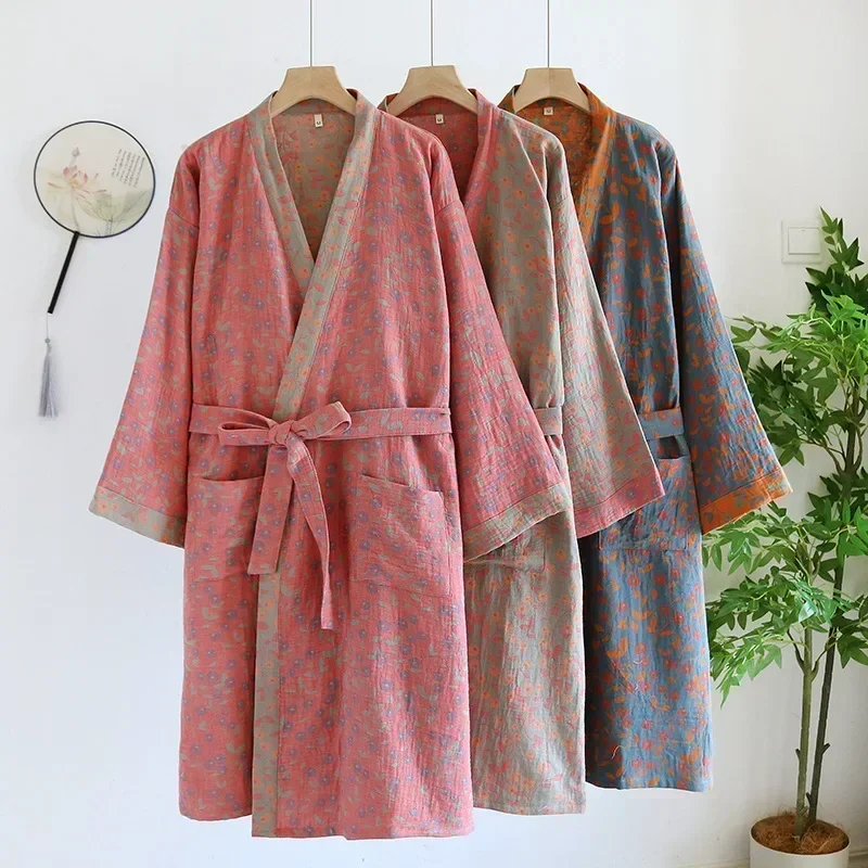 Flerfärgad kimono-badrock dampyjamaskläder för vår och sommar bomull lösa hemsovkläder kimono-rockar med bälte