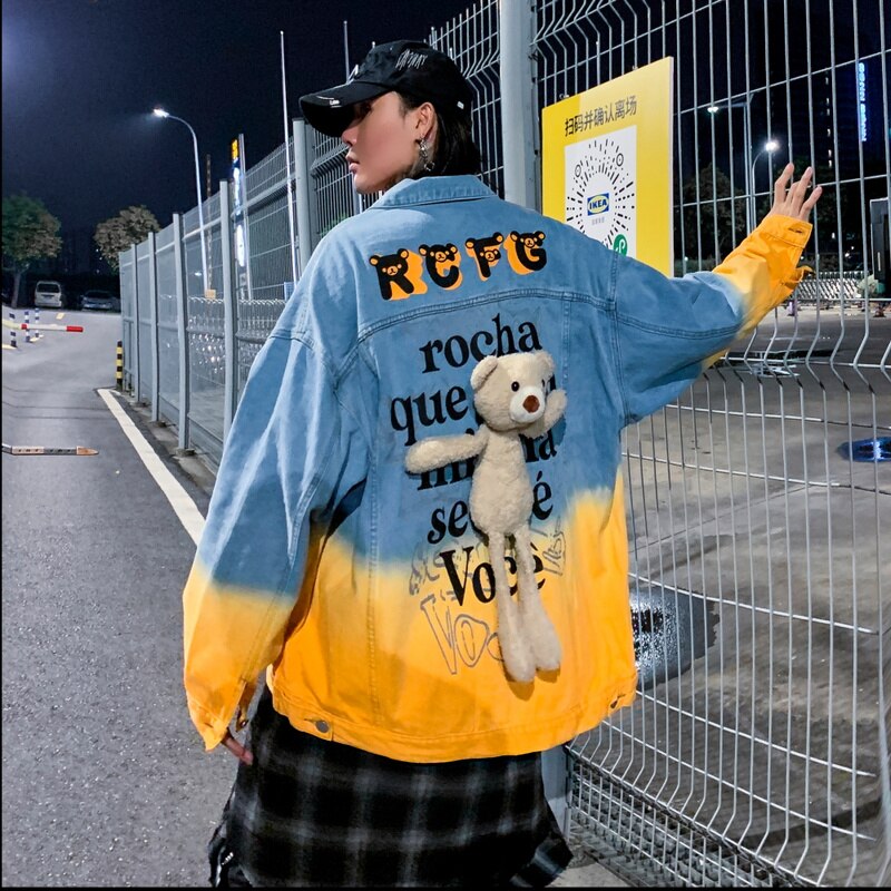 Gradient blå denim jakker streetwear vasket hiphop efterår mænd vintage punk rock farve blok mandlig knap oversize jakke