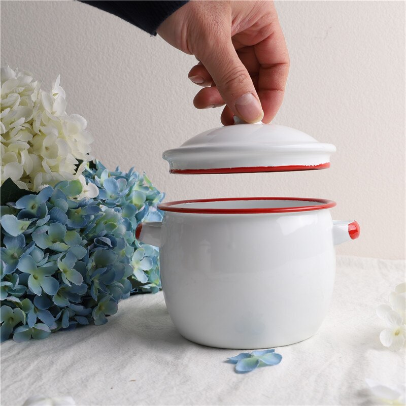 13 Cm Enamel Storage Tank Small Stew Pot Double Ears With Lid Stew Cup Bird's Nest Steamed Egg Noodles Bowl Oil Tank