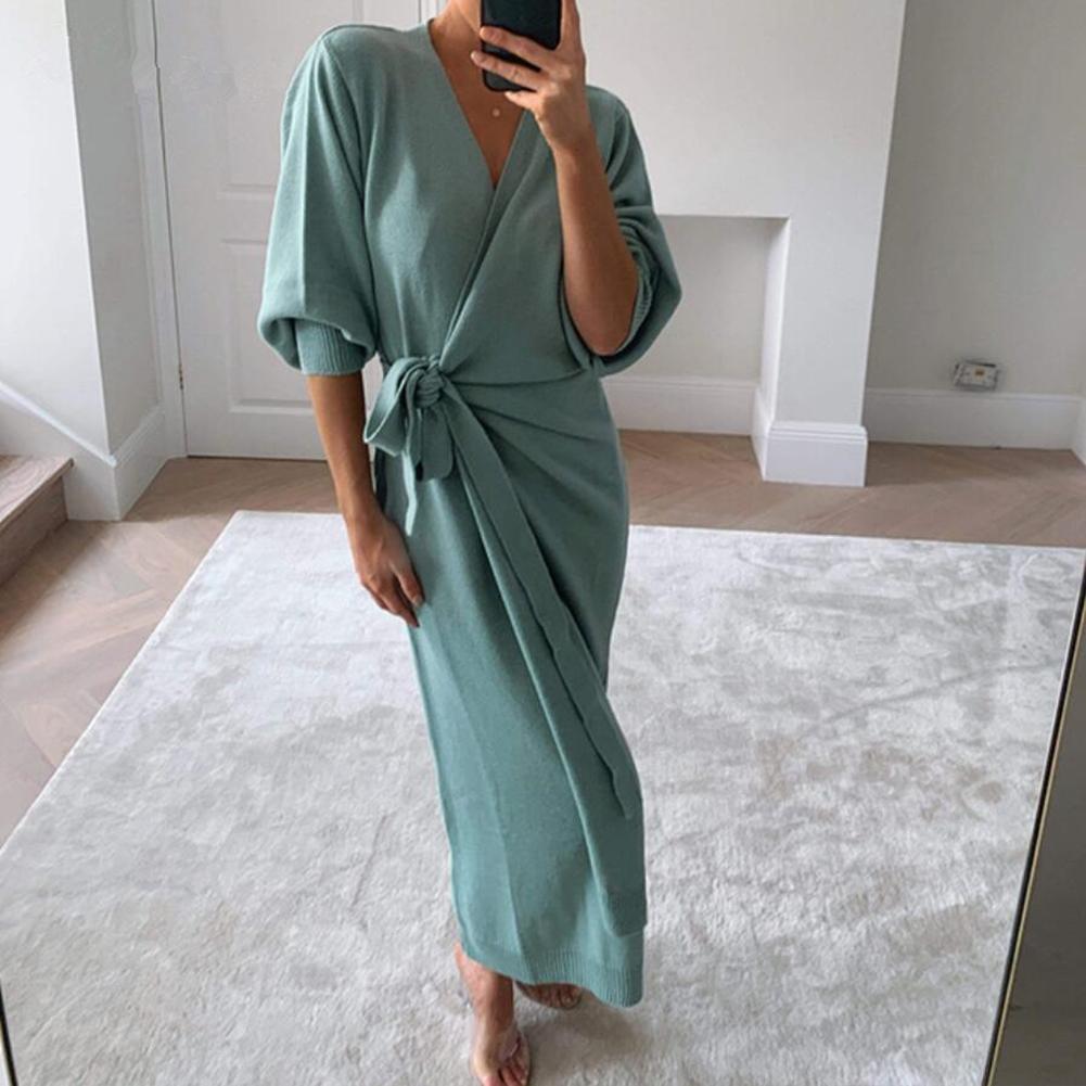 Vrouwen Herfst Winter Effen Kleur Lange Mouw Gebreide Wrap Riem Jurk Maxi Gewaad