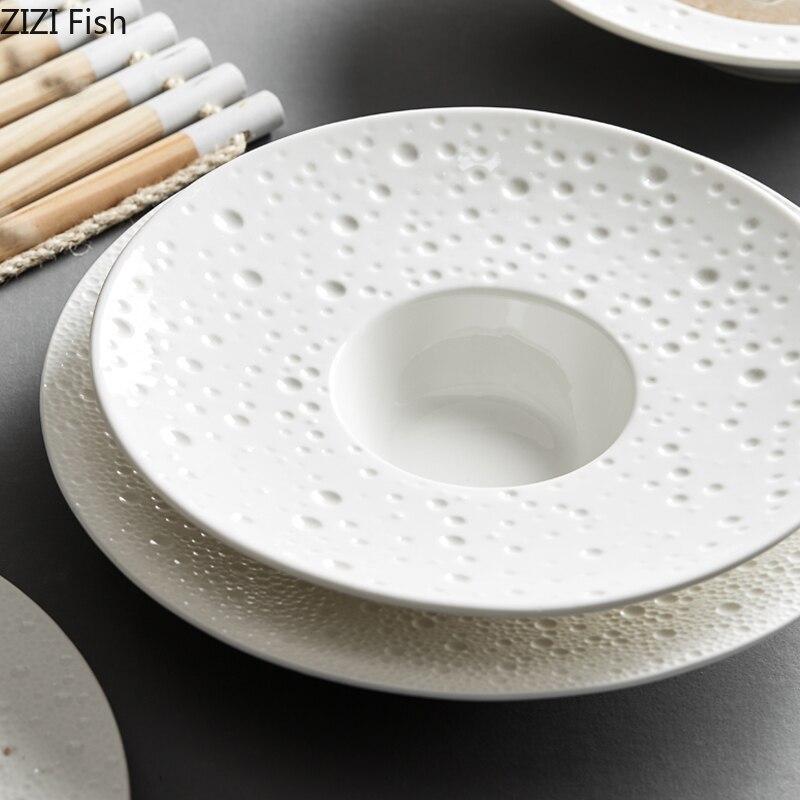 Plato blanco con forma de sombrero de paja para el norte de Europa, vajilla de decoración para restaurante, plato de sopa de carne y espagueti, plato de postre y fruta