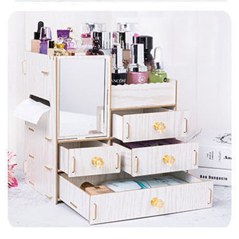 Organizador de maquillaje de madera con espejo, cajón de escritorio, organizador de cosméticos para mujer, tocador, lápiz labial, Perfume, caja de almacenamiento de joyería