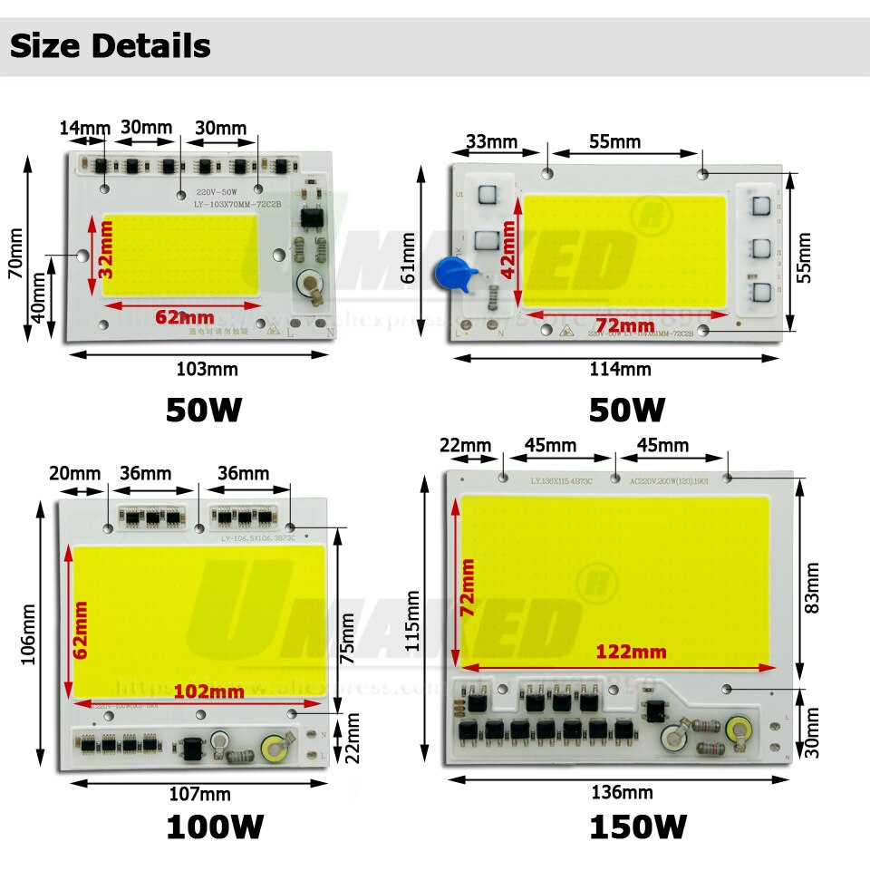 AC220V LED COB 50W 100W 150W LED PCB reflector módulo placa de aluminio blanco/cálido COB Chips controlador IC inteligente para lámparas de foco